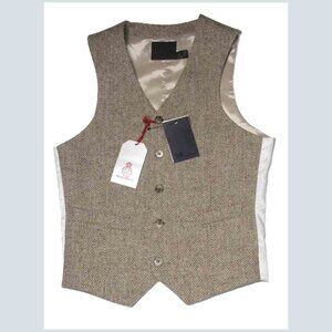 NEW Men's ASOS Wool Harris Tweed Suit Vest Beige Tan Herringbone Men's Size 36